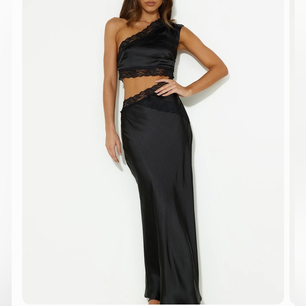 Hello Molly Black One-Shoulder Lace Trim Satin Maxi Set